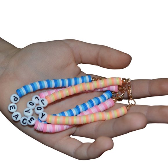 Handmade Set/3 Clay Rubber Beads Elastic Kids Bracelet Blue Pink 3" length/half - Picture 2 of 15